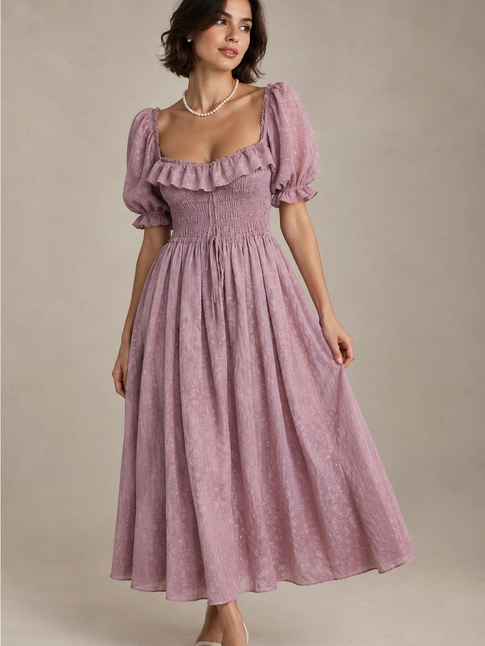 Smocked Midi Dress with Ruffle Neckline in Dusty Mauve 💯 cotton
